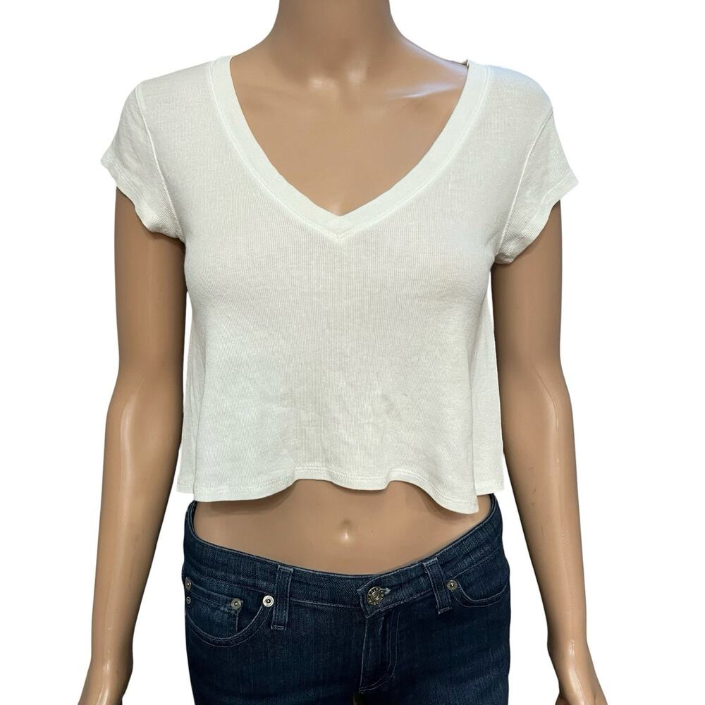 Intimately Free People Ribbed Knit Cropped Tee XS White Loose Fit V Neck Basic